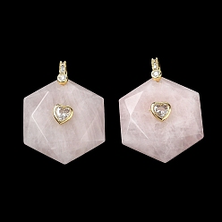 Rose Quartz Natural Rose Quartz Faceted Pendants, Hexagon Charms with Brass Pave Heart Clear Cubic Zirconia Findings, Golden, 38x28.5x13mm, Hole: 5.5x4.5mm