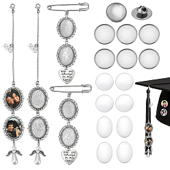 Antique Silver 304 Stainless Steel & Alloy Oval Tray Brooch Base Settings, with Heart Charms & Angel Acrylic Pearl Charms & Transparent Glass Cabochons, Antique Silver, 20~216mm