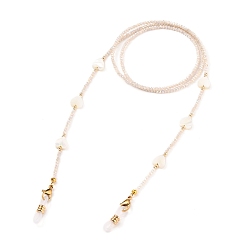 Misty Rose Eyeglasses Chains, Neck Strap for Eyeglasses, with Electroplate Glass Beads, Heart Natural Shell Beads, 304 Stainless Steel Lobster Claw Clasps and Rubber Eyeglass Holders, Misty Rose, 29.1 inch(74cm)