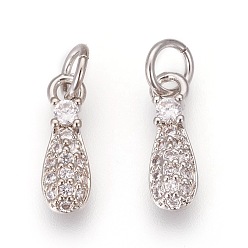 Платина Латунные подвески, с микро проложить кубического циркония, слеза, прозрачные, платина, 12x4x3 мм, отверстие : 3.5 мм