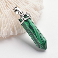 Малахит Пули латунные подвески с драгоценными камнями, окрашенные, платина, малахит, 44 мм, отверстие : 5x8 мм