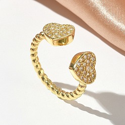 Золотой Открытые кольца манжеты из латуни с микропаве и кубическим цирконием, сердце, без кадмия и без свинца, стойки покрытие, долговечный, золотые, 9 мм, внутренний диаметр: 17 мм