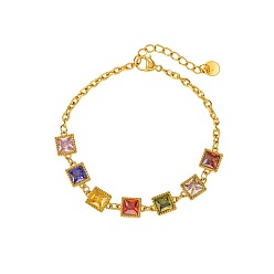 Colorful 304 Stainless Steel Pave Cubic Zirconia Square Link Chain Bracelets for Women, Golden, Colorful, 6.69 inch(17cm)