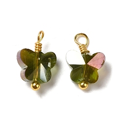 Dark Olive Green Electroplate Glass Charms, with Real 18K Gold Plated Brass Loop, Butterfly Charm, Dark Olive Green, 11.5x7.5x4.5mm, Hole: 1.6mm