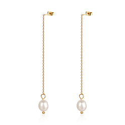 Настоящее золото 18K 304 серьги с кисточками из цепочек из нержавеющей стали, имитация жемчуга свисающие серьги, реальный 18 k позолоченный, 75 мм