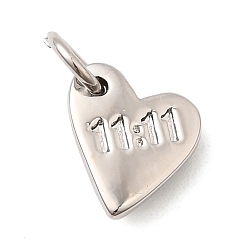 Платина Латунные подвески, сердце со словом 11:11, долговечный, без свинца и без кадмия, стойки покрытие, с целью перехода в кольце, платина, 9x8.5x1 мм, отверстие : 3 мм