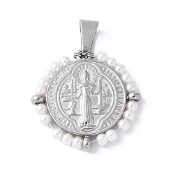 Белый 304 подвески из нержавеющей стали, с ABS имитации жемчуга, плоский круглый с шалфеем, цвет нержавеющей стали, белые, 27.5x28x3.5 мм, отверстие : 8x4 мм