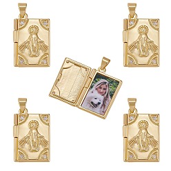 Real 18K Gold Plated 5Pcs Rack Plating Brass Micro Pave Clear Cubic Zirconia Locket Pendants, Cadmium Free & Lead Free, Religion, Rectangle with Virgin Mary, Real 18K Gold Plated, 23x15x5mm, Hole: 4x3.5mm, Inner Diameter: 18x11mm