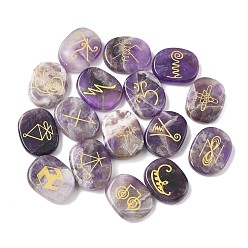Аметист 16шт 16 стили натуральный аметист дисплей украшения, фигурка для украшения дома, энергетический камень рейки для исцеления, овал с символом, 25x20x7~7.5 мм, 1 шт / стиль