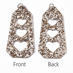 Wheat PU Leather Big Pendants, with Sequins/ Paillettes and Platinum Tone Iron Jump Rings, Polygon with Heart, Wheat, 62x31x2mm, Hole: 5mm