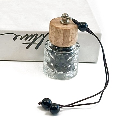 Obsidian Glass Perfume Bottle Hanging Ornament, with Wood Lips and Obsidian Beads, 19cm