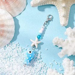 Fish Handmade Porcelain Pendant Decorations, with Synthetic Turquoise Starfish and Acrylic & ABS Plastic Beads, Fish, 70mm
