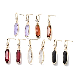 Mixed Color Oval Light Gold Brass Micro Pave Cubic Zirconia Stud Earrings, Glass Drop Earrings, Mixed Color, 38x7.5mm