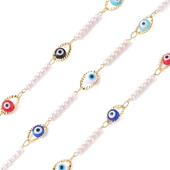 Golden 304 Stainless Steel Resin Evil Eye Link Chains with ABS Imitation Pearl Beads, Unwelded, with Spool, Teardrop, Golden, Eye: 10.5x6.5x4mm, Round: 19x3mm