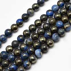 Blue Electroplate Gemstone Natural Pyrite Round Beads Strands, Dyed, Blue, 8mm, Hole: 1mm, about 50pcs/strand, 15.74 inch