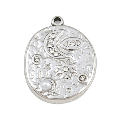 Color de Acero Inoxidable 304 Colgantes de acero inoxidable con diamantes de imitación de cristal y perlas de plástico, Óvalo martillado con amuletos de ojo turco, luna y estrella., color acero inoxidable, 23x18x4 mm, agujero: 1.2 mm