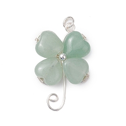 Зеленый Авантюрин Подвески из натурального зеленого авантюрина с медной проволокой и клевером, подвески в виде четырехлистного клевера с соединительными кольцами, серебро , 34x20.5x6.5 мм, отверстие : 3 мм