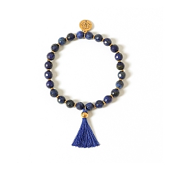 Lapis Lazuli 6.2MM Faceted Round Natural Lapis Lazuli Beaded Stretch Bracelets, 304 Stainless Steel Tree of Life Charm Brecelets with Tassel for Women, Golden, 7.48 inch(19cm)