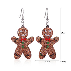 Gingerbread Man Рождественские серьги-подвески из сплава со стразами, с эмалью, акрилом, смолой и тканью, платина, Колобок, 67x31 мм