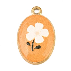 Dark Orange Printed 304 Stainless Steel Pendants, Oval with Flower Charms, Golden, Dark Orange, 27x17x3mm, Hole: 2.1mm