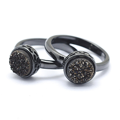 Черный Гальванизированный естественный druzy агат кристалл палец кольца, с фурнитурой из экологически чистой латуни, без свинца и без кадмия, долговечный, плоско-круглые, Размер 7, металлический черный , чёрные, 17 мм
