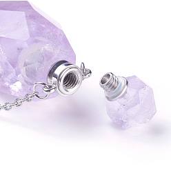 Amethyst Natural Amethyst Openable Perfume Bottle Pendant Necklaces, with 304 Stainless Steel Cable Chain and Plastic Dropper, Bottle, Size: about 34~40 long, 15~20mm wide