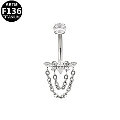 Цветок Изогнутая штанга для пирсинга пупка из титанового сплава с прозрачными кубическими циркониями и цепочками., платина, цветок, 8 мм, штифты : 1.6 мм