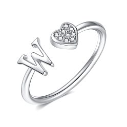 Letter W Регулируемые латунные манжеты со стразами для женщин, Сердце и письмо, платина, Буква W, внутренний диаметр: 15~20 мм