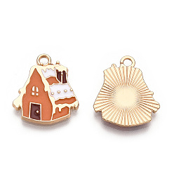 Chocolate Christmas Theme, Alloy Enamel Pendants, Light Gold, Snow House, Chocolate, 19.5x17x2mm, Hole: 2mm