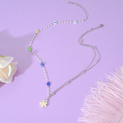 Бежевый Кулон в виде цветка из сплава и акрила, цепочка ручной работы для женщин., платина, бежевые, 17.72 дюйм (45 см), подвеска: 12 мм длиной.