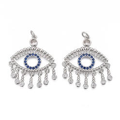 Платинированный Латунные микропаве прозрачные подвески с фианитом, с прыжковых колец, долговечный, конский глаз с плоскими круглыми подвесками, Реальная платина, 31x27x2.5 мм, отверстие : 3 мм