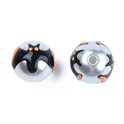 Black ABS Plastic Imitation Pearl Beads, with Enamel, Round with Bat, Black, 12.5x12x11.5mm, Hole: 2mm
