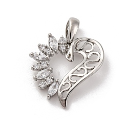 Прозрачный Латунные микро проложить кубического циркония подвески, долговечный, без свинца и без кадмия, платина, сердце, прозрачные, 22x18x5 мм, отверстие : 2.5 мм
