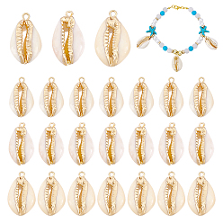 Морская Ракушка 24 шт. 3 стили подвески из натуральных ракушек каури/пресноводных ракушек с гальваническим покрытием, подвески в форме ракушки с фурнитурой из железа, золотые, цвет морской раковины, 16~28x8~15x5~8 мм, отверстие : 1.5~1.8 мм, 8 шт / стиль