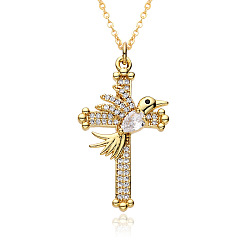 Золотой Латунный крест с подвеской в виде птицы, украшенный микропаве из прозрачных кубических цирконий, золотые, 19.69 дюйм (50 см), Кулон : 31x19 мм