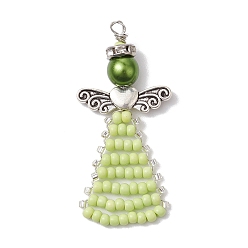 Бледно-Зеленый Подвески из бисера, с антикварной серебряной фурнитурой из латуни, угол, бледно-зеленый, 49x23.5x8.5 мм, отверстие : 2 мм