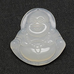 White Natural Agate Cameo Pendants, Buddha, White, 35x32x5~9mm, Hole: 1mm