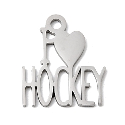 Нержавеющая Сталь Цвет 304 подвески из нержавеющей стали, я люблю хоккейное обаяние, без свинца, без кадмии и без никеля, цвет нержавеющей стали, 22.5x19.5x1 мм, отверстие : 2.5 мм