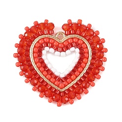 Red Glass Seed Beaded Pendants, Heart Charm, with Alloy Findings & Glass, Red, 36x37~38x3.5mm, Hole: 2mm