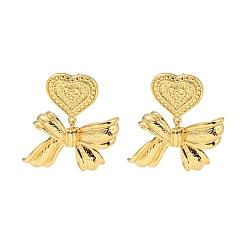 Real 18K Gold Plated Rack Plating Brass Dangle Stud Earrings, Heart with Bowknot, Long-Lasting Plated, Cadmium Free & Lead Free, Real 18K Gold Plated, 39x32mm