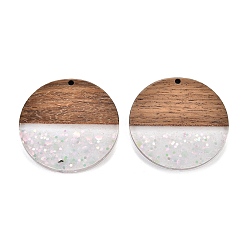 Бледно-Розовый Подвески из эпоксидной смолы и орехового дерева, с пайеткой / блестками, плоско-круглые, розовый жемчуг, 38x3.5 мм, отверстие : 2 мм