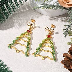 Золотой Серьги-гвоздики из латуни в форме рождественской елки, со стеклянным бисером и подвесками из сплава, золотые, 53x34 мм