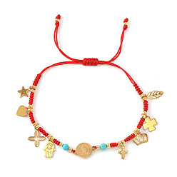 Золотой Браслеты из нержавеющей стали с подвесками в виде креста, руки хамсы и медальона., регулируемые браслеты из бусин на шнурке, золотые, 11.02 дюйм (28 см)