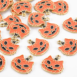 Dark Orange Rack Plating Eco-Friendly Alloy Enamel Pendants, Halloween Theme, Cadmium Free & Lead Free, Light Gold, Pumpkin Jack-O'-Lantern, Dark Orange, 20x19.5x1.5mm, Hole: 1.8mm