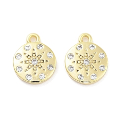 Real 18K Gold Plated Brass Micro Pave Clear Cubic Zirconia Pendants, Flat Round, Real 18K Gold Plated, 12x10x2mm, Hole: 1.2mm
