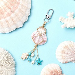 Платина Подвесные украшения из плетеной нейлоновой нити и натуральных ракушек, с синтетической бирюзой и черепахами из магнезита и поворотными застежками из сплава, платина, 129 мм