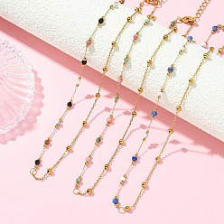 Золотой Ожерелья ручной работы из звеньевых цепочек с гранеными круглыми бусинами из смеси натуральных и синтетических драгоценных камней, с цепочками из нержавеющей стали., золотые, 316 дюйм (15.31 см)