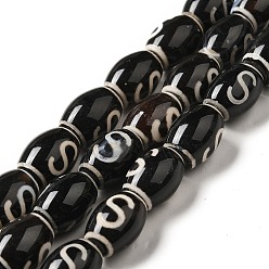 Money Hook Pattern Тибетского стиля DZI бисер нитей, натуральные и крашеные шарики агата, рис, чёрные, схема денежного крючка, 13~14x9.5~10 мм, отверстие : 1.4 мм, около 25 шт / нитка, 13.58 дюйм (34.5 см)