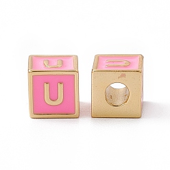 Letter U Стойки покрытие латунь эмаль бисер, без кадмия, без никеля и без свинца, реальный 18 k позолоченный, куб с письмом, розовый жемчуг, letter.u, 6x6x6 мм, отверстие : 2.5 мм
