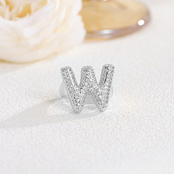 Letter W Латунные кольца из манжеты с прозрачным цирконием, платина, Буква W, внутренний диаметр: регулируемый
